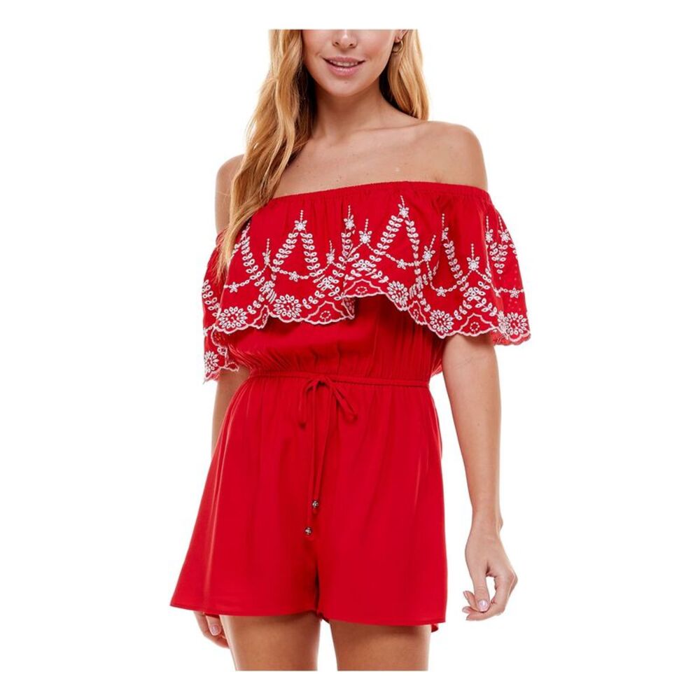 KINGSTON GREY Womens Romper Red Stretch Eyelet Tie Off Shoulder Juniors XXS - Picture 1 of 2